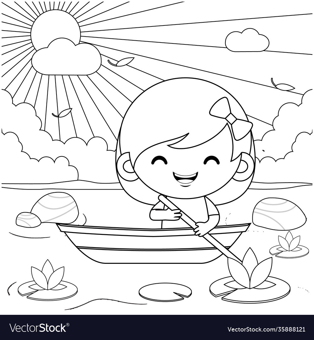 Cartoon girl riding on boat at river coloring book