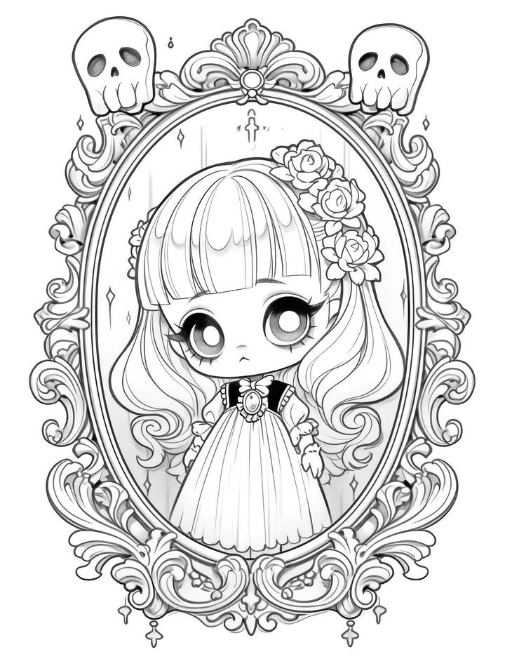 Creepy kawaii grayscale coloring pages