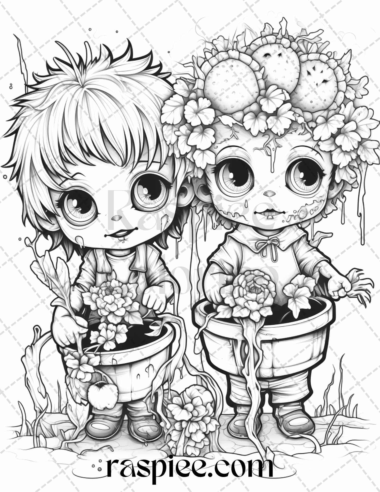 Halloween creepy kawaii grayscale coloring pages for adults and kid â coloring