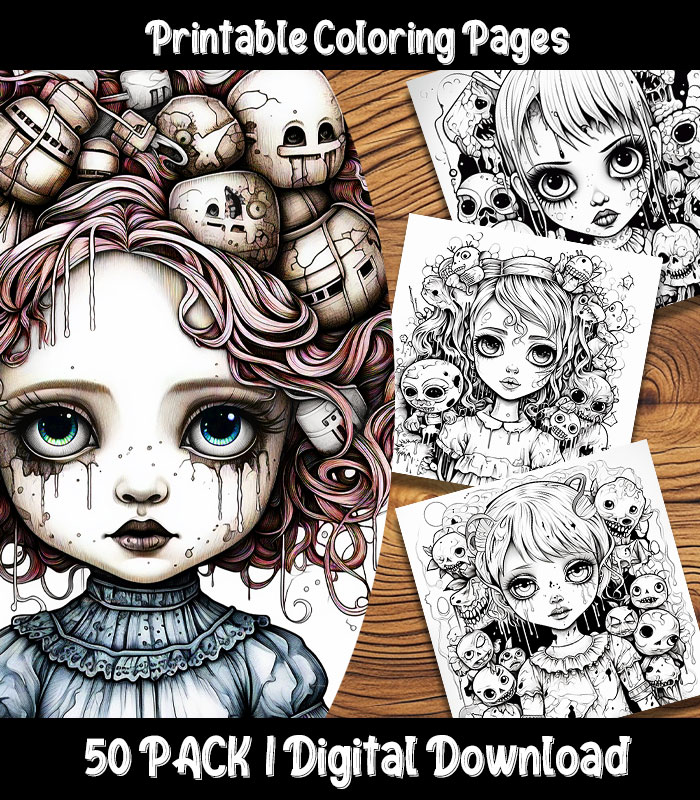 Creepy girl coloring pages printable pack happy colorist