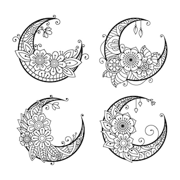 Premium vector crescent moon coloring page moon decoration element collection