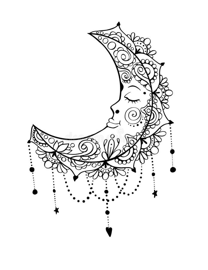 Crescent moon ornamental coloring book page in bohemian style stock vector