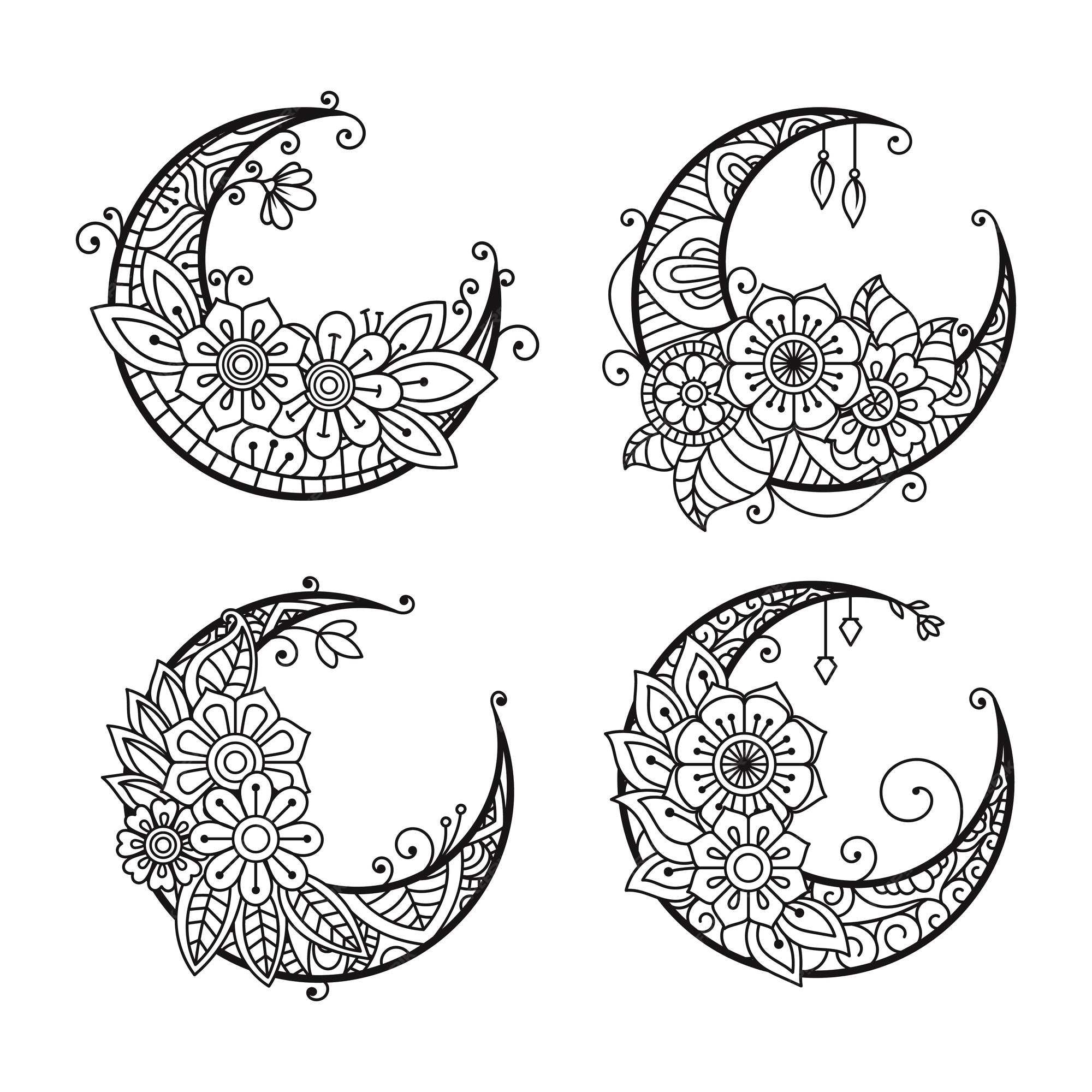 Premium vector crescent moon coloring page moon decoration element collection