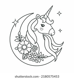 Beautiful unicorn flowers crescent printable coloring stock vector royalty free