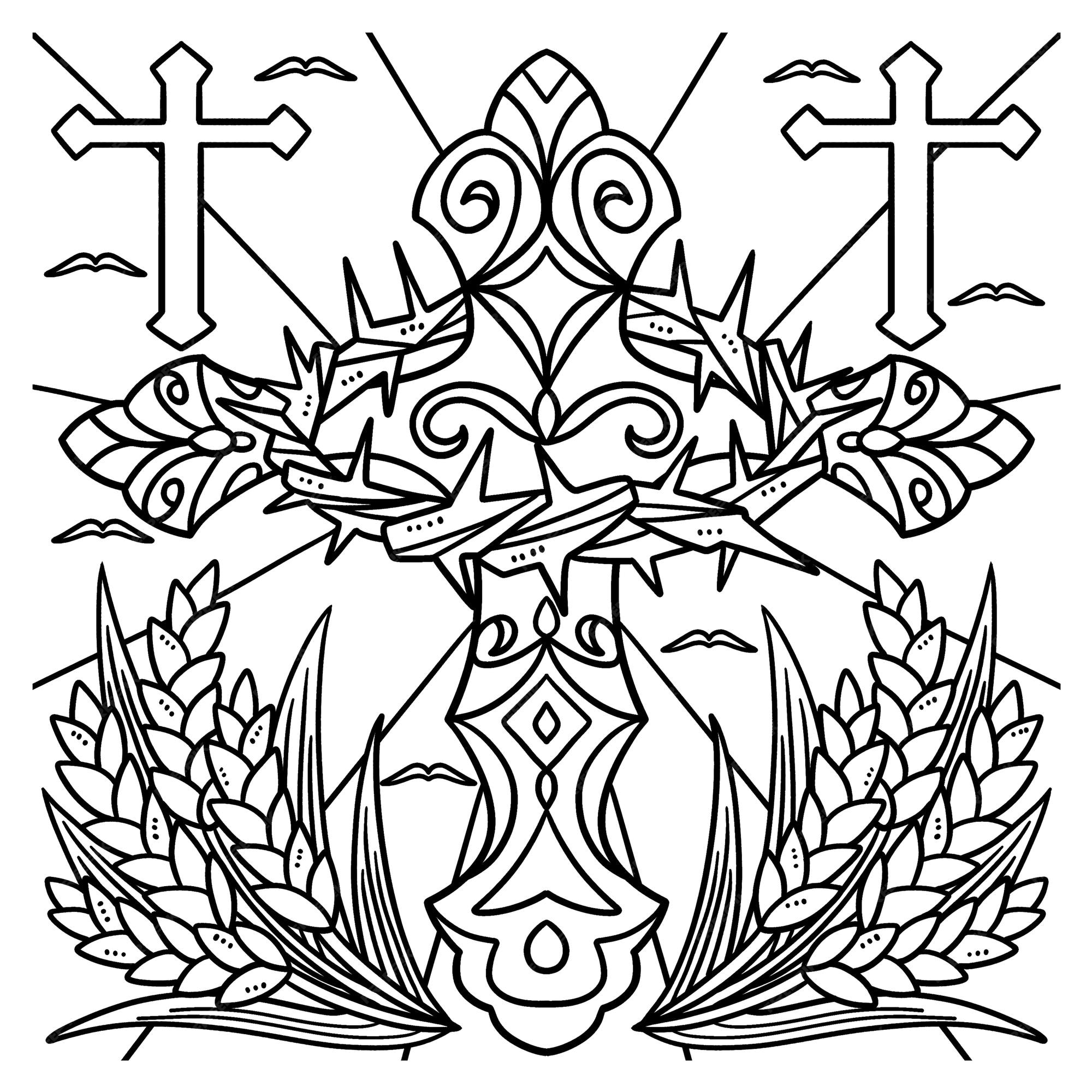 Premium vector christian cross with crown of thorns coloring page