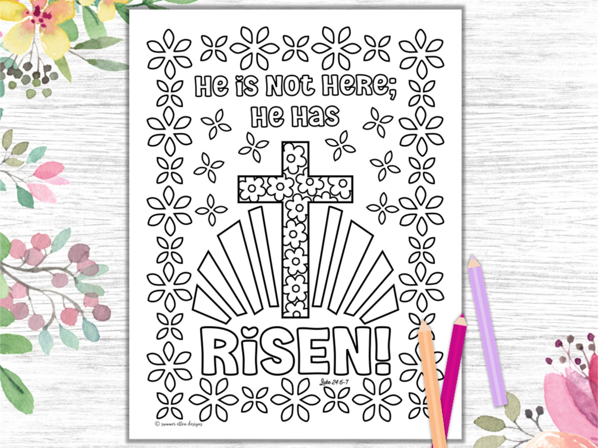 He is risen coloring page with cross christian easter printable religious easter easter activity kids adults pdf digital download