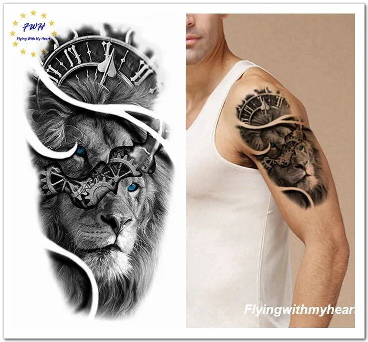 Lion tiger wolf body tattoo compass clock cross sunflower flowers