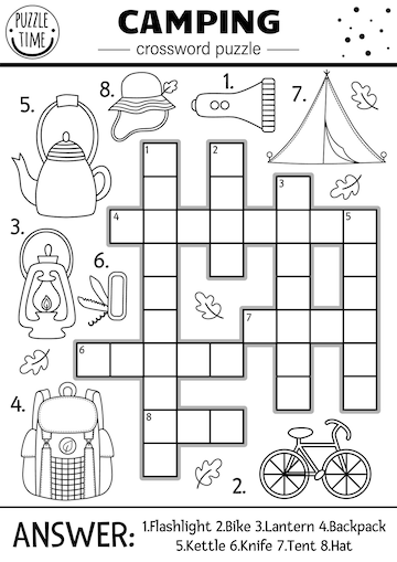 Premium vector vector black and white camping crossword puzzle for kids simple summer camp outline quiz with forest equipment activity with lantern tent backpack road trip cross word or coloring page