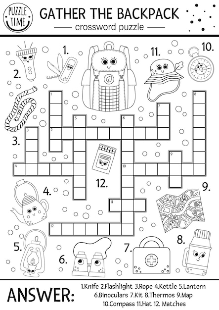 Premium vector vector black and white camping crossword puzzle for kids simple summer camp outline quiz with forest equipment activity with pass thermos bag gather the backpack cross word or coloring