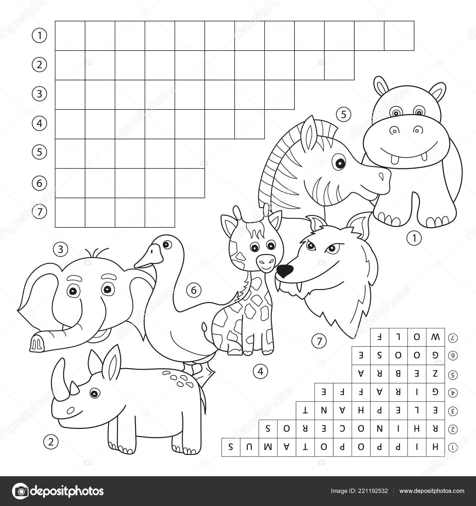 Crossword coloring book page education game for children about animals stock vector by brill