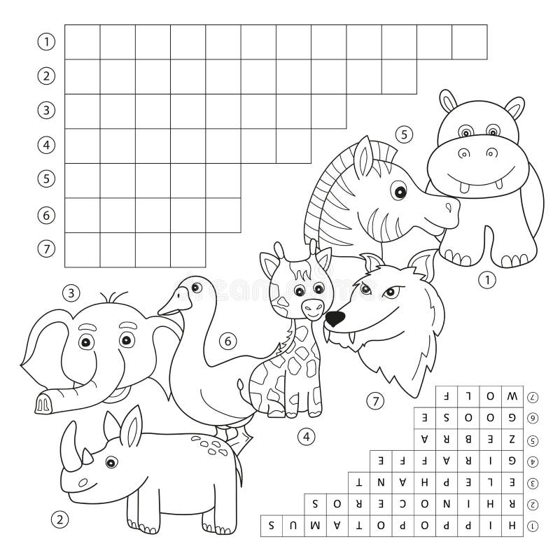 Crossword coloring book page education game for children about animals stock vector