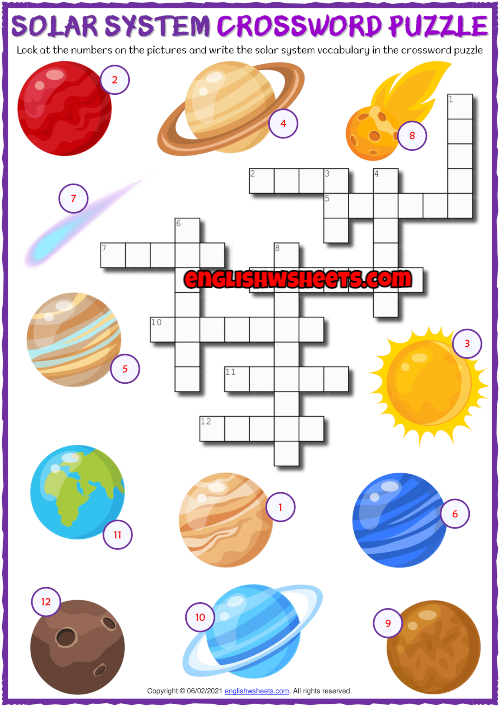 Solar system esl printable crossword puzzle worksheet science projects for kids solar system worksheets printable crossword puzzles