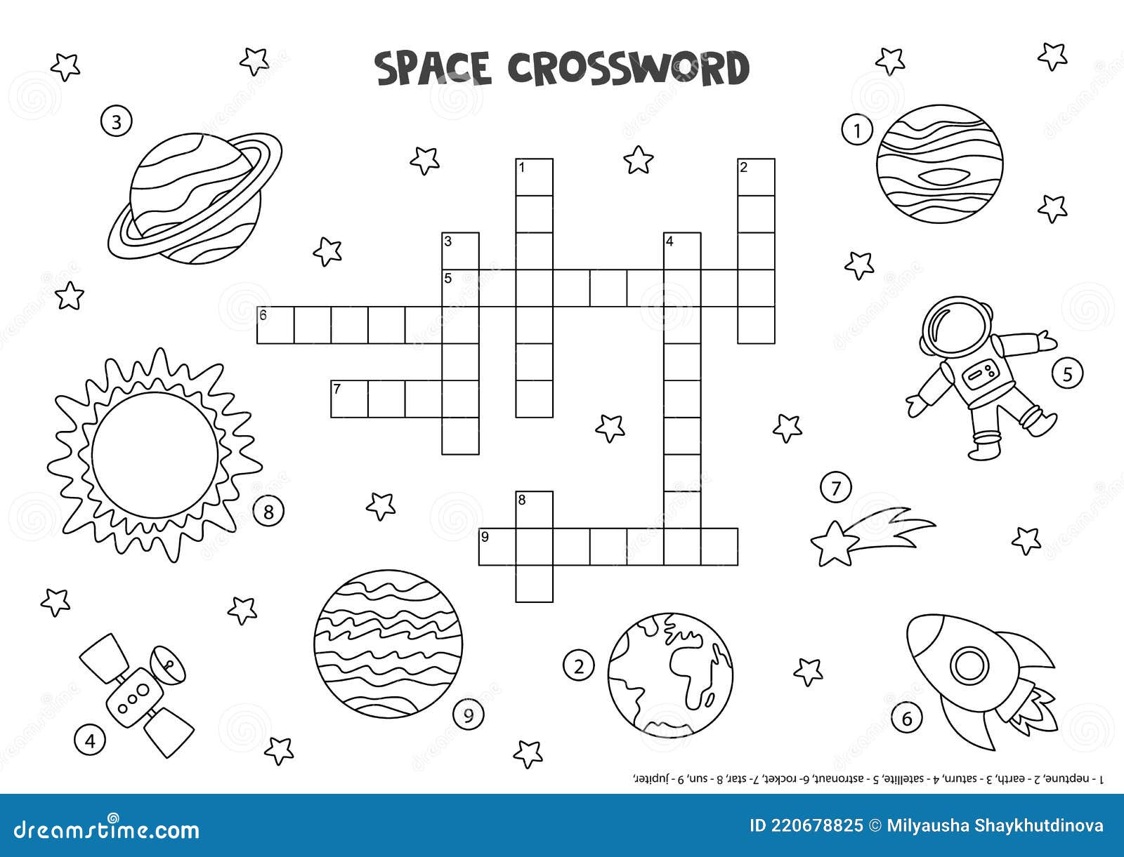 Black and white space crossword for kids with solar system planets sun rocket stock vector