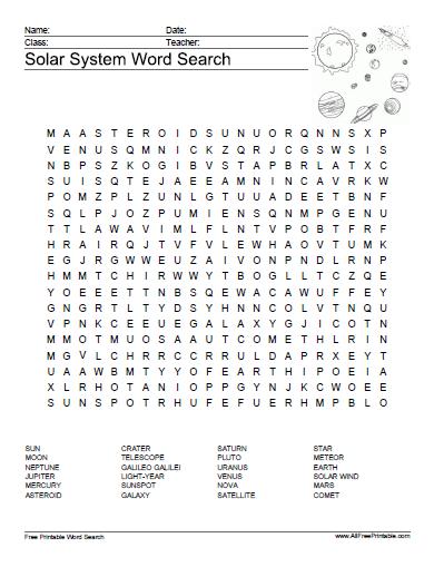 Solar system word search puzzle â free printable