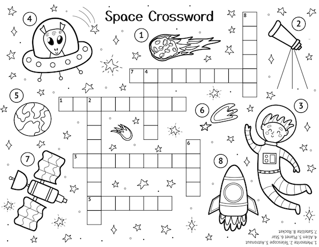 Premium vector crossword for kids with cute space characters black and white space activity page for kids