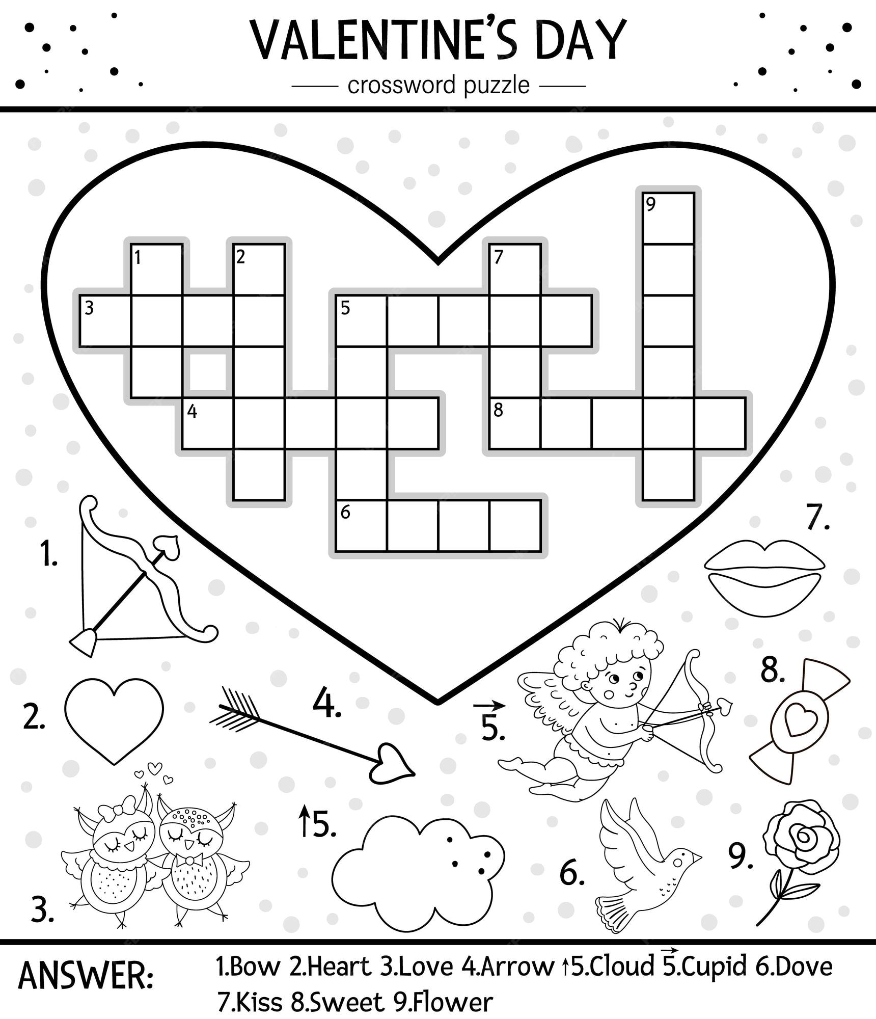 Premium vector vector saint valentine day black and white crossword puzzle for kids simple heart shaped quiz with holiday objects or coloring page educational activity with traditional elements and love theme