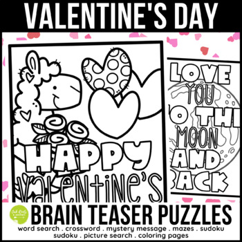 Valentines day brain teaser puzzle activities and coloring pages