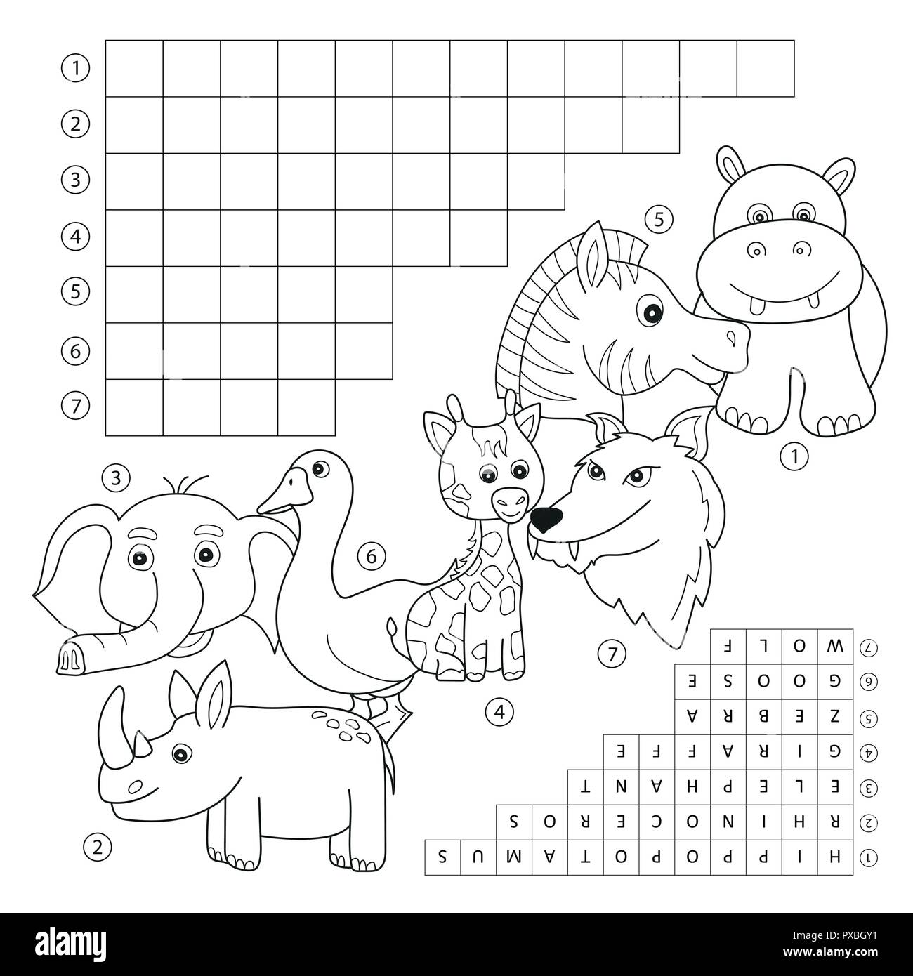 Crossword coloring book page education game for children about animals stock vector image art