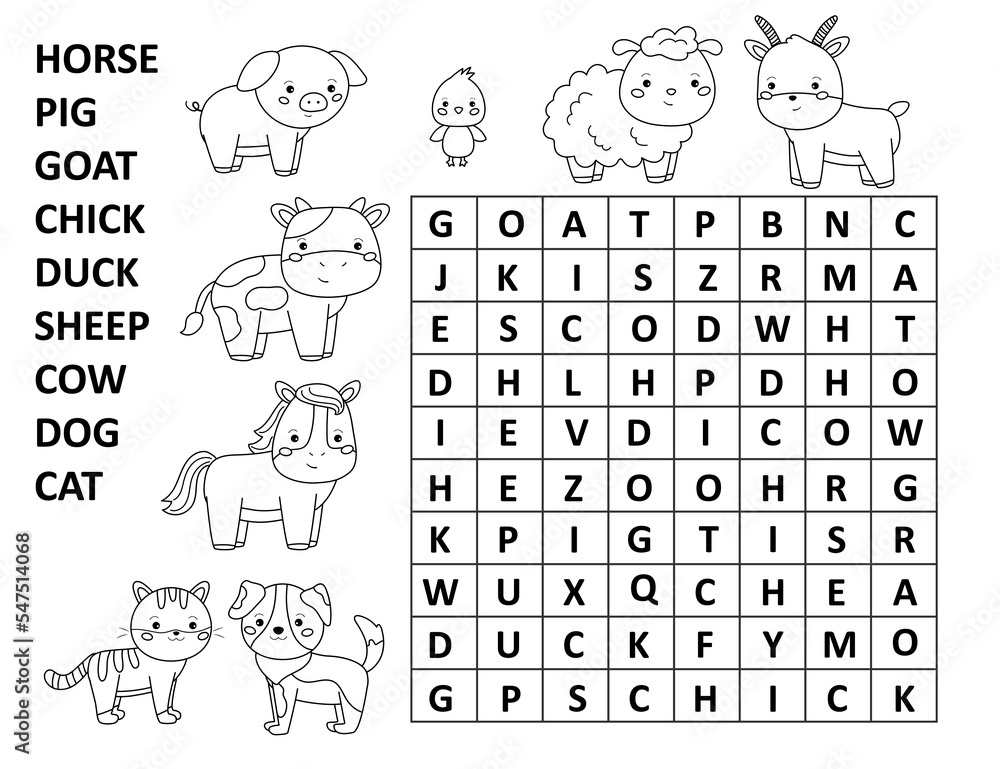 Word search game for children crossword with farm animals educational puzzle printable worksheet coloring page for kids find words in a table vector illustration vector