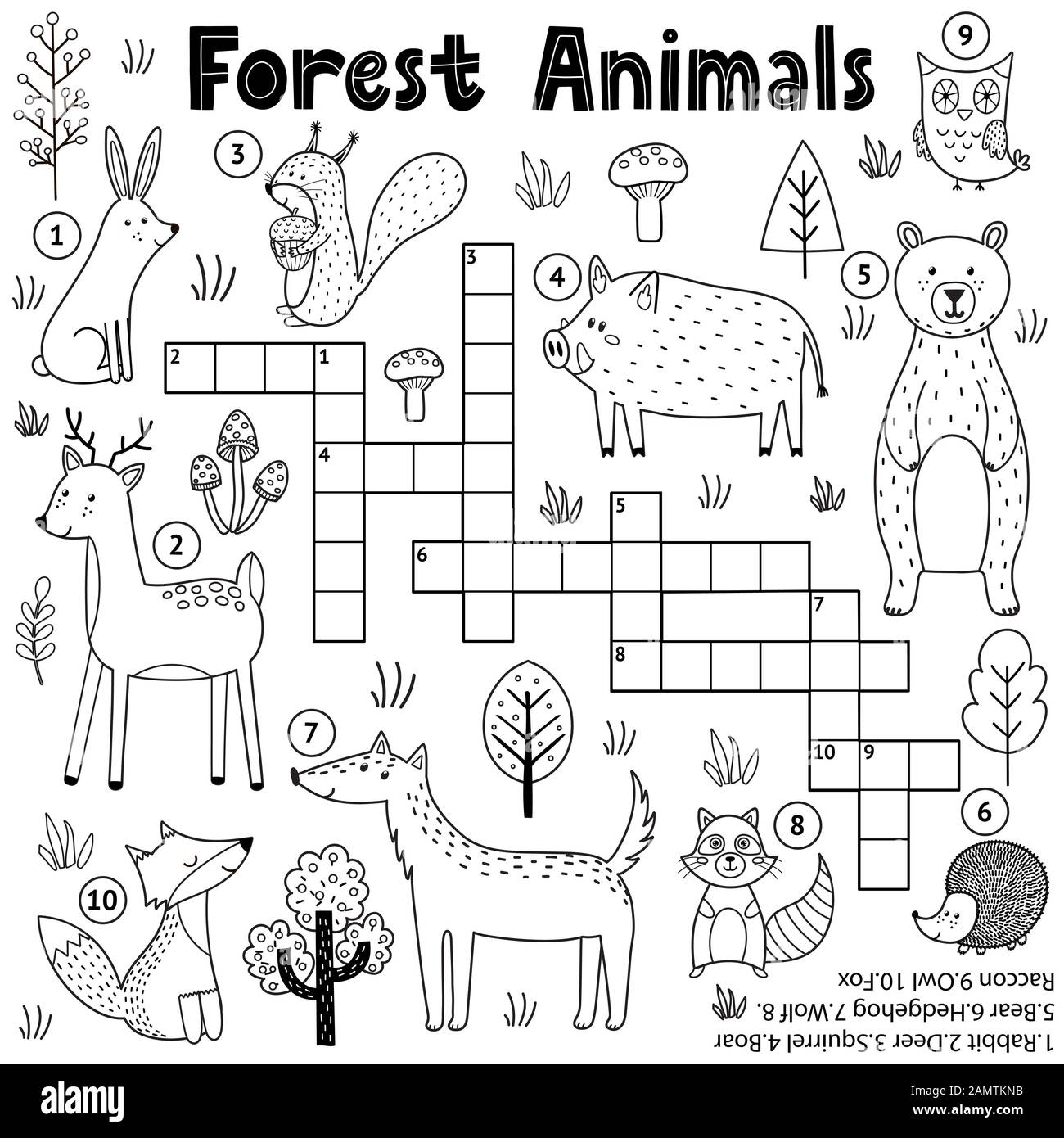 Black and white crossword for kids with forest animals woodland coloring page stock vector image art