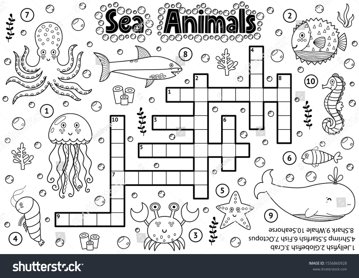 Black white crossword sea animals coloring stock vector royalty free