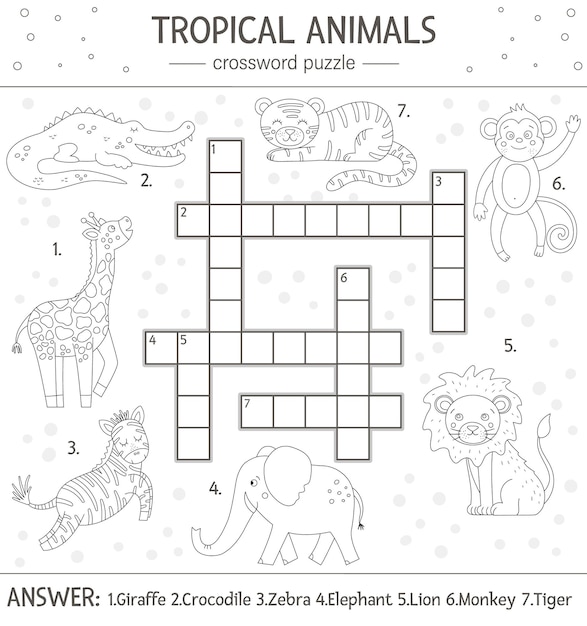 Premium vector summer crossword puzzle simple quiz with tropical animals for children educational black and white jungle activity with cute funny characters fun coloring page for kids