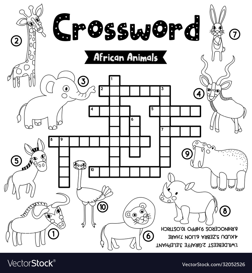 Crossword puzzle african animals coloring version vector image