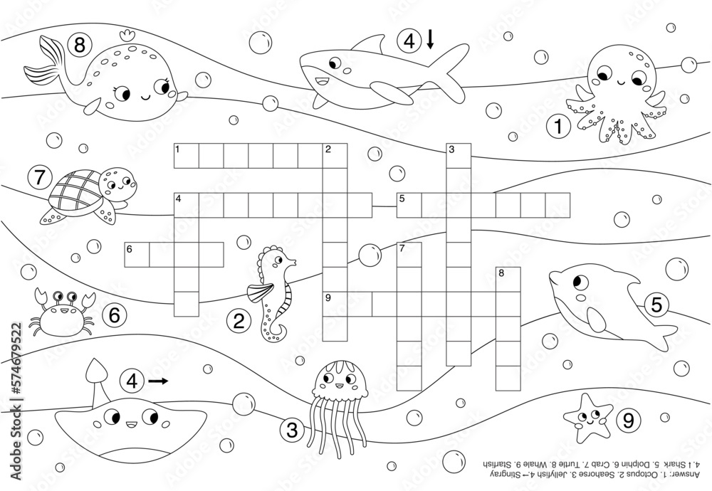 Sea and ocean animals crossword coloring page educational puzzle game for kids cute cartoon characters printable worksheet for preschool children vector illustration vector