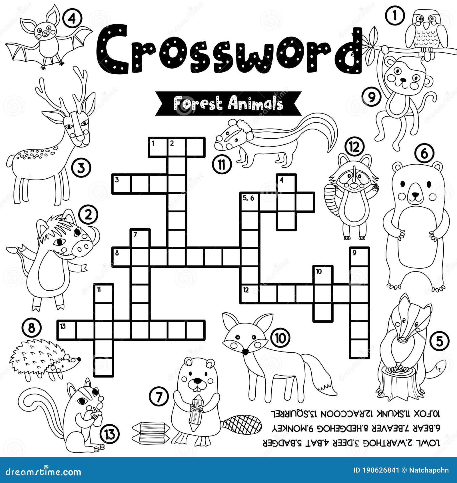Crossword puzzle forest animals coloring version stock vector