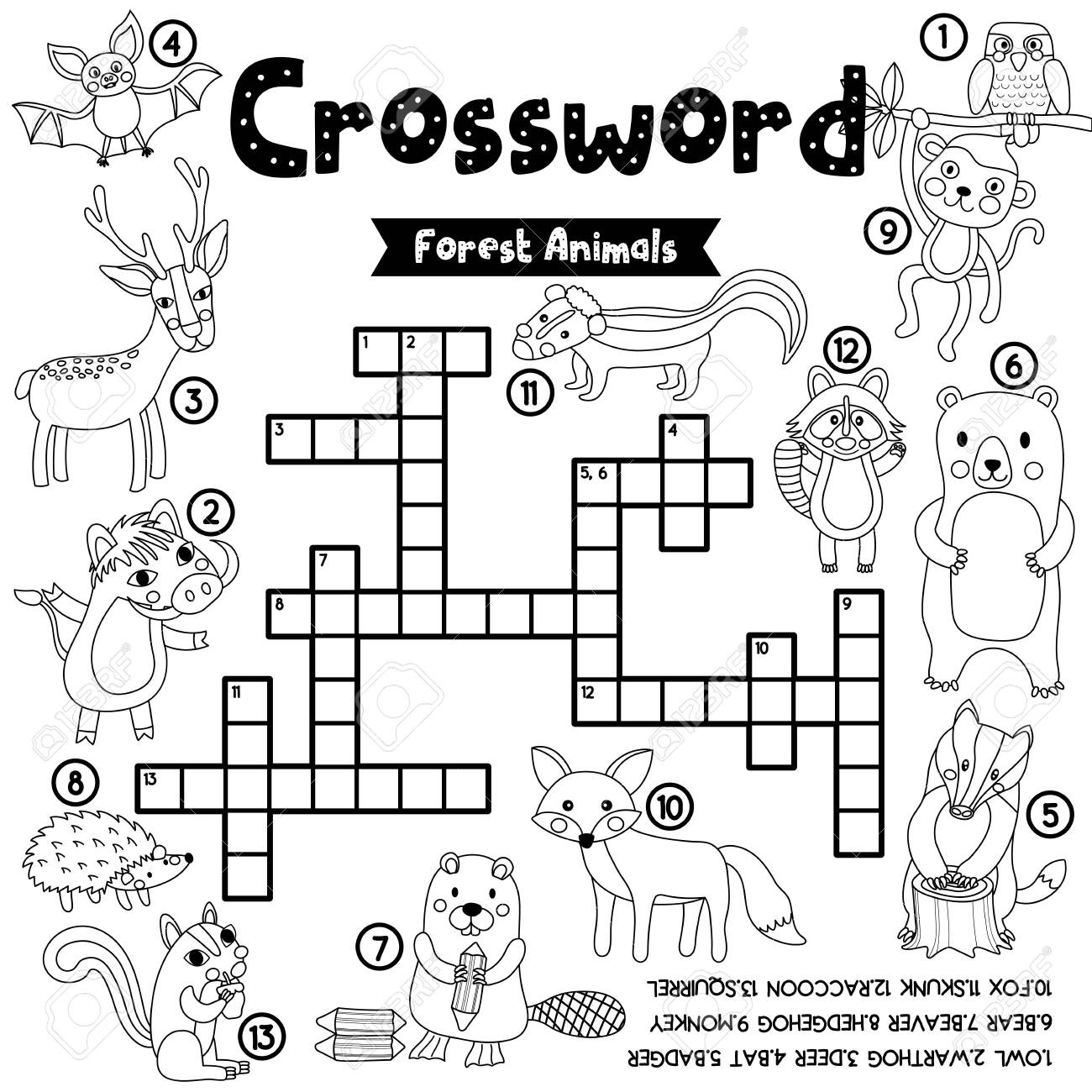 Crosswords puzzle game of forest animals for preschool kids activity worksheet coloring printable version vector illustration royalty free svg cliparts vectors and stock illustration image