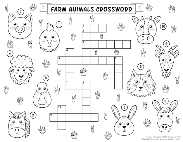 Premium vector black and white farm animals crossword puzzle for kids educational game and coloring page