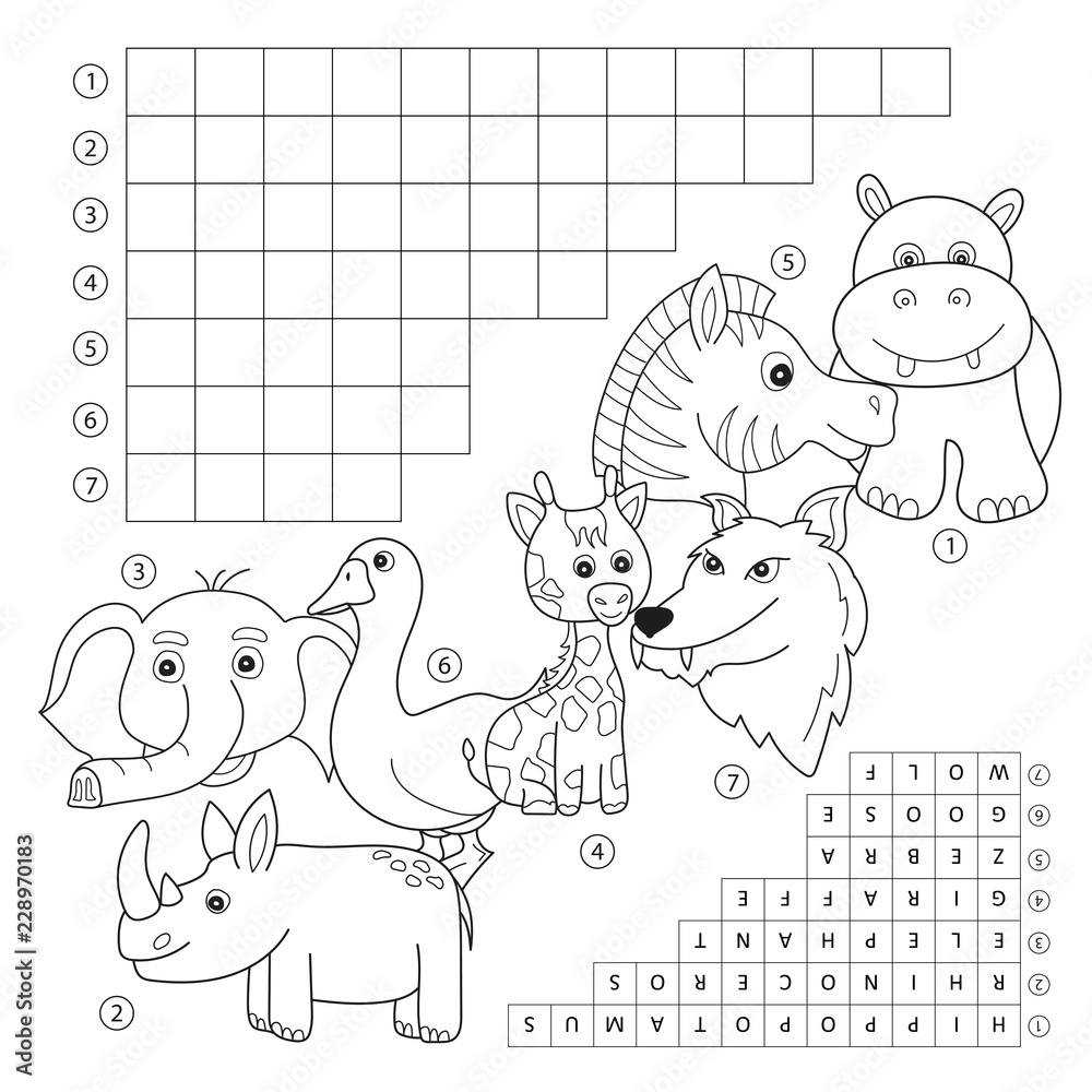 Vector crossword coloring book page education game for children about animals kids magazine coloring book word puzzle game worksheet for kids printable version vector