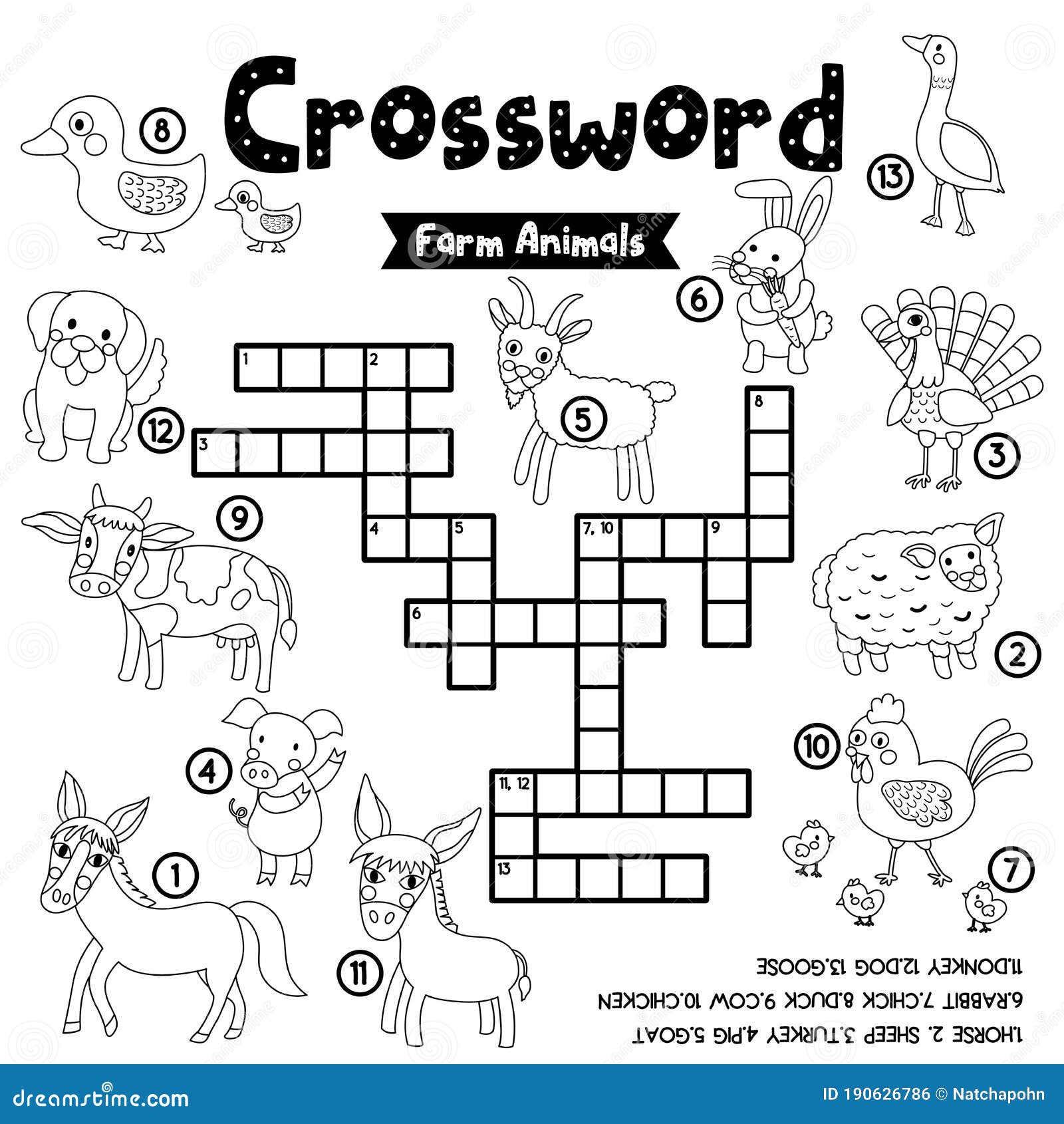 Crossword puzzle farm animals coloring version stock vector