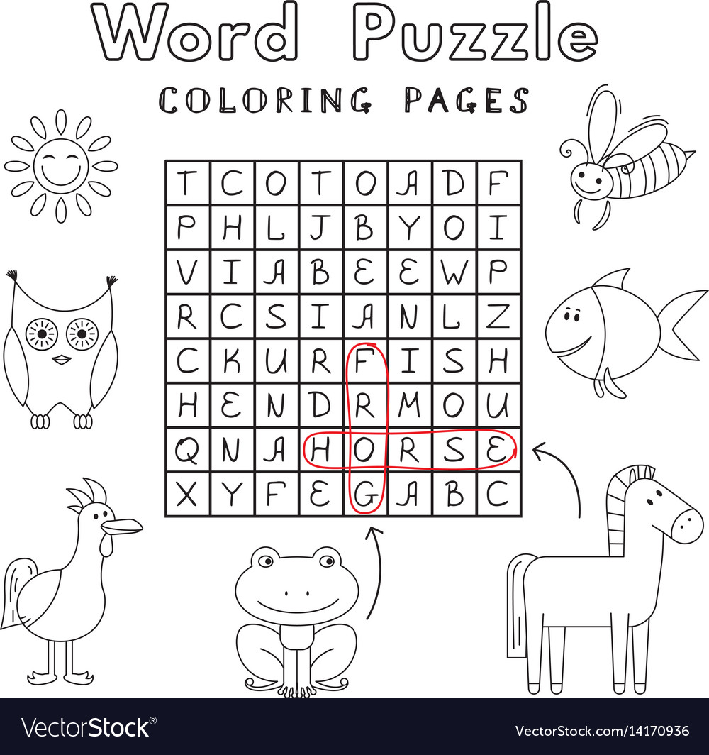 Funny animals coloring book word puzzle royalty free vector