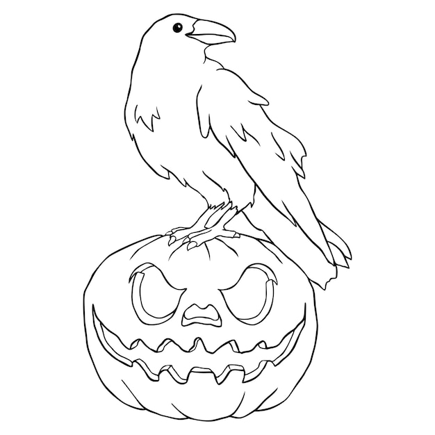 Premium vector crow on a pumpkin halloween coloring page