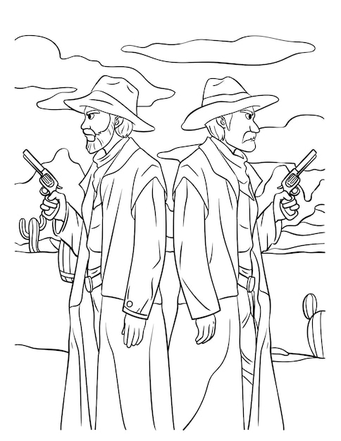 Premium vector cowboy duel coloring page for kids