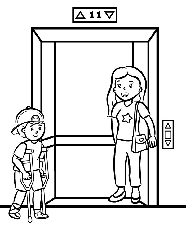 A boy on crutches coloring page