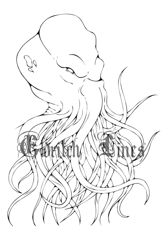 Cthulhu printable horror adult coloring page lineart digital download pdf file