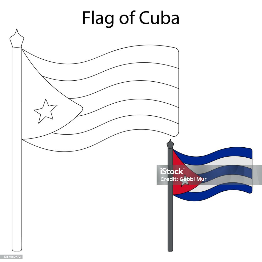 Flag of cuba sketch vector illustration coloring book for children the fabric canvas is decorated with stripes a triangle and a star the national symbol of the state develops in the wind