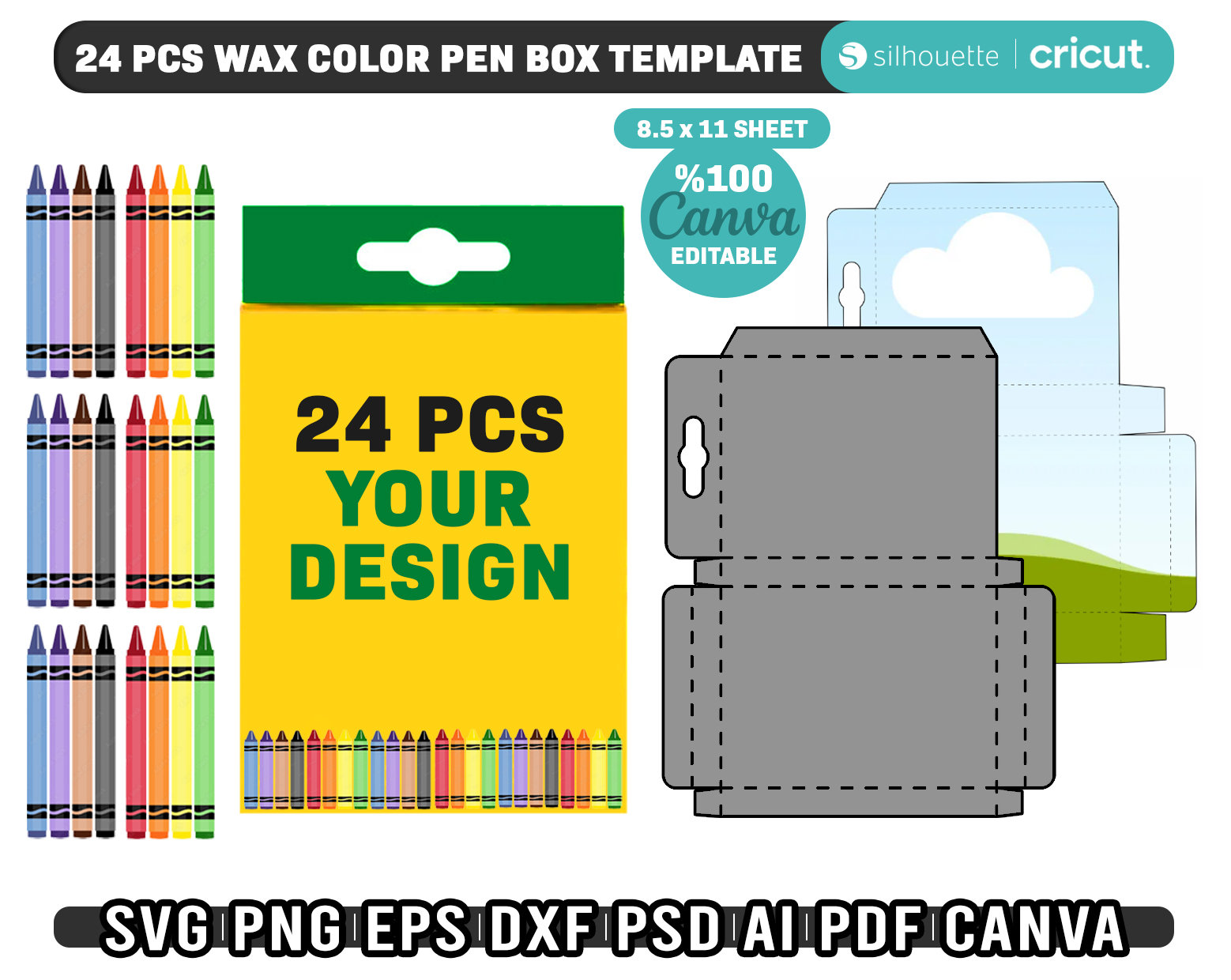 Pcs wax color pen gift box template crayon box template svg editable canva template wax crayon box svg png dxf instant download