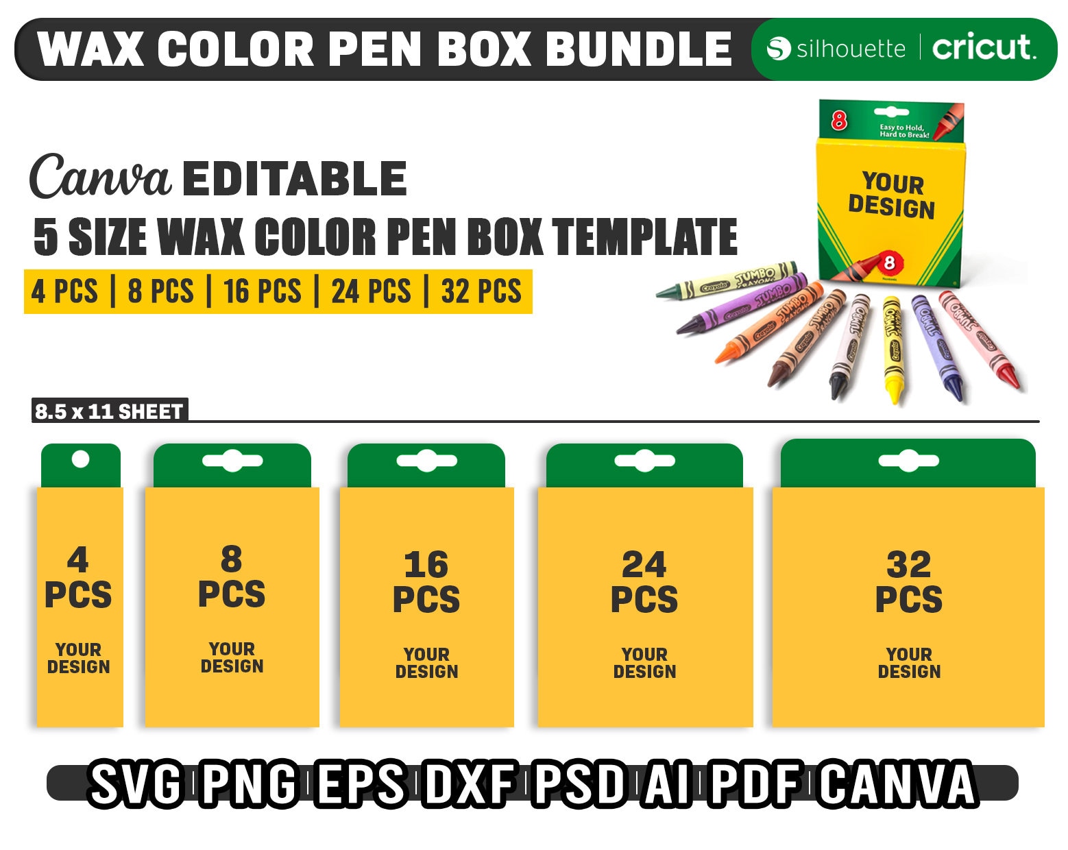 Wax color pen gift box template bundle pcs crayon box template svg pcs wax crayon box svg png instant download