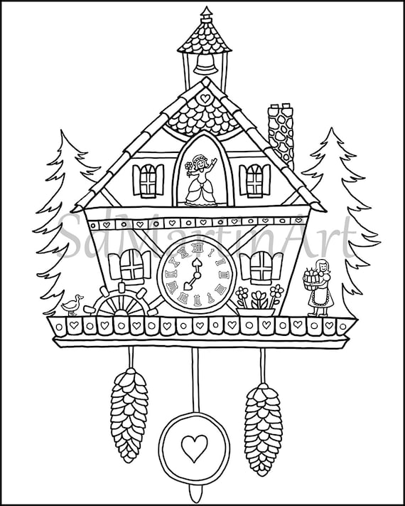 Cuckoo clock printable adult coloring book page for adults and kids coloring sheet instant download digital coloring page