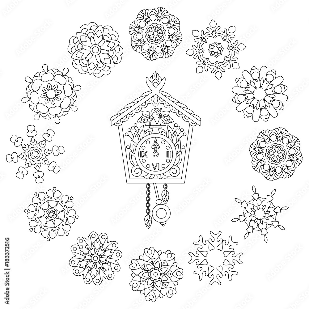 Christmas coloring page old antique wall clock with cuckoo bird singing and vintage winter snowflakes freehand sketch drawing for happy new year greeting card or adult antistress coloring book vector