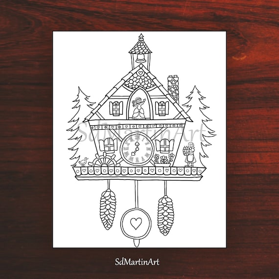 Cuckoo clock printable adult coloring book page for adults and kids coloring sheet instant download digital coloring page