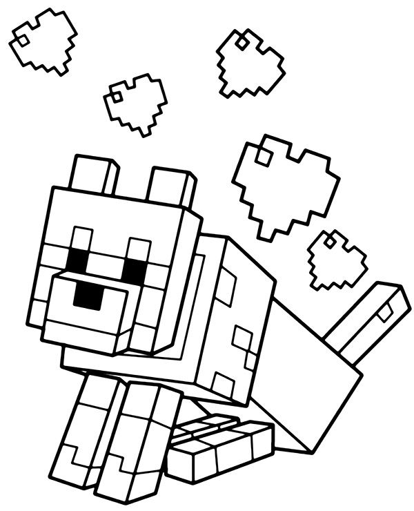 Dog and hearts minecraft coloring page