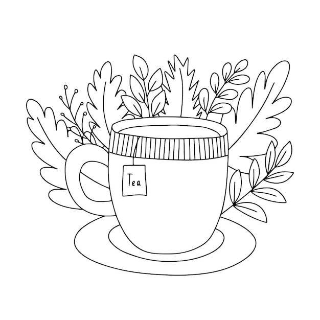 Premium vector hello autumn vector coloring page with cup of tea and autumn leaves cute coloring page for children and adults with cup of tea