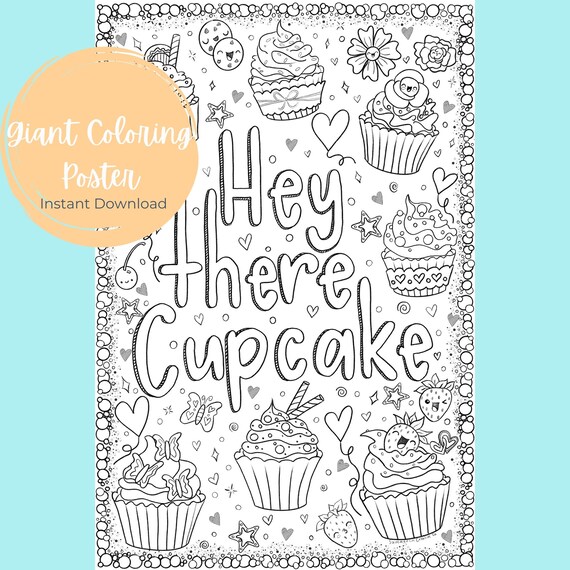 Giant coloring poster cupcake printable coloring page instant download cupcake birthday activity group activity slumber party game