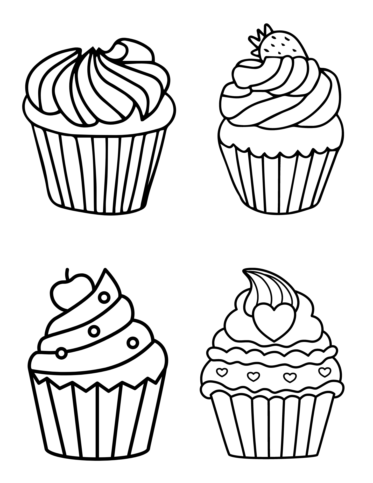 Print these cute cupcake coloring pages for kids and adults