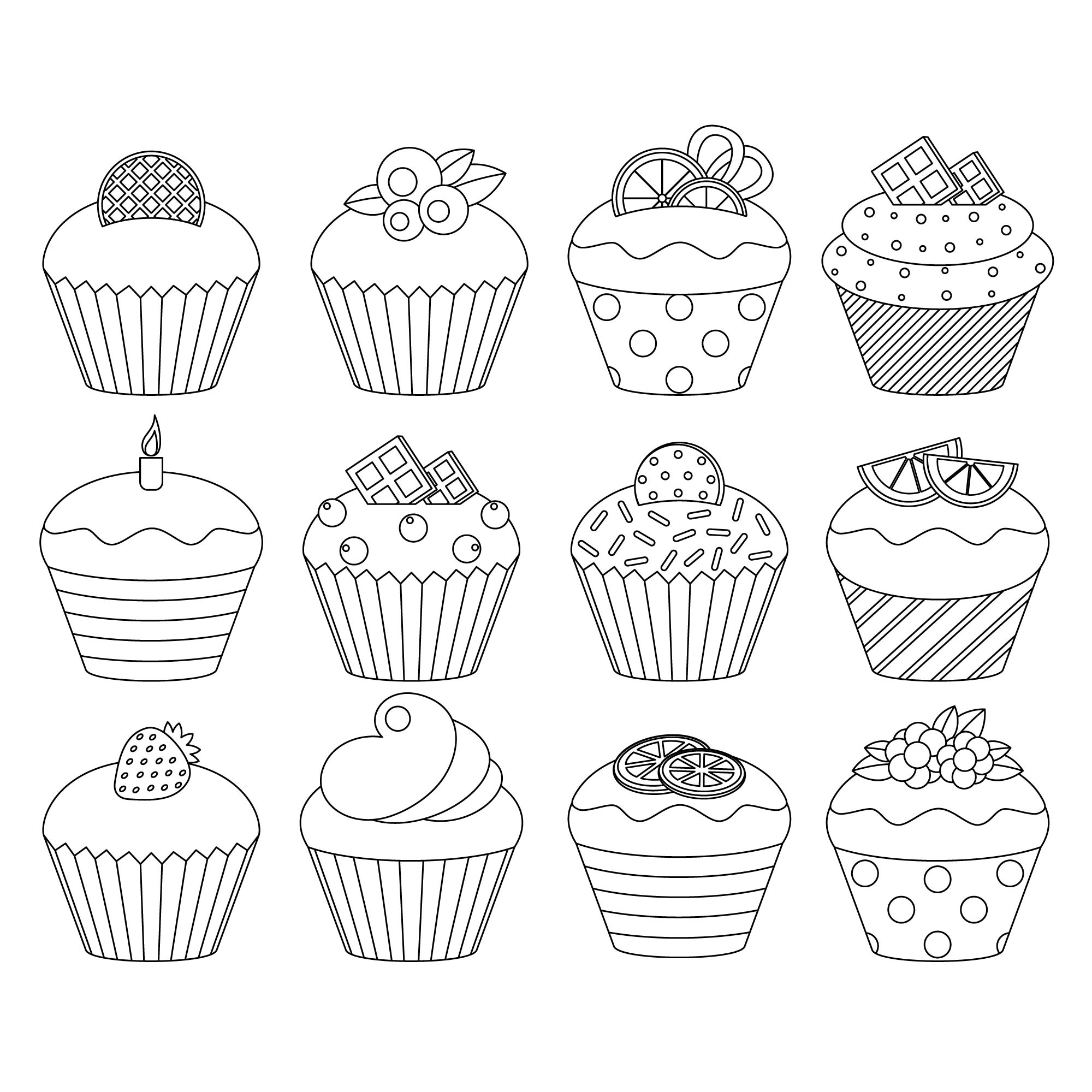 Cupcakes digital stamps cupcakes line art cupcakes outlines childrens coloring digital images instant download