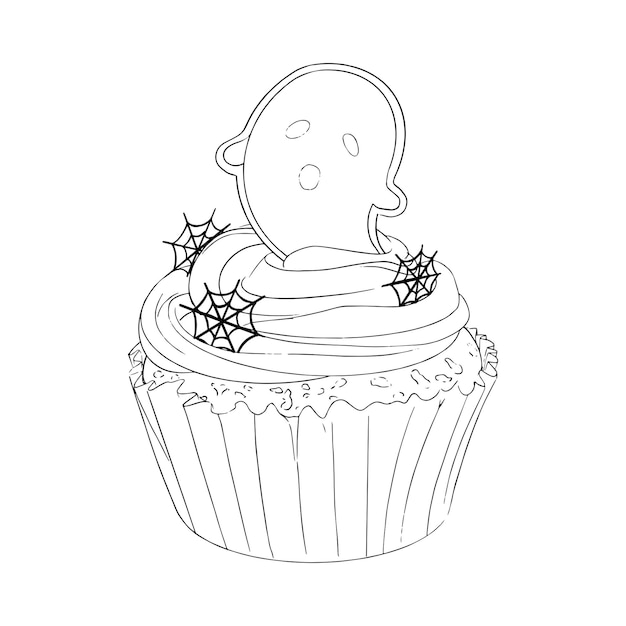 Boza cupcak de halloween doodle de arte de lãnea blanco y negro dibujado a mano vector premium